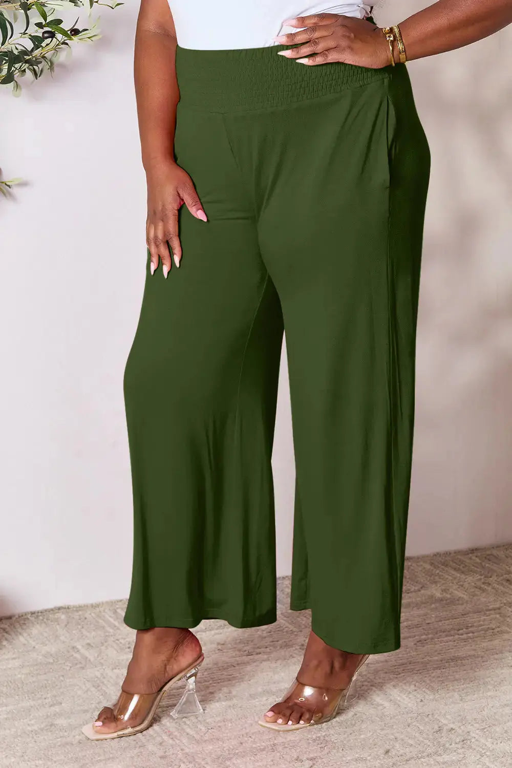 Basic Bae Full Size Smocked Wide Waistband Wide Leg Pants - Love Salve
